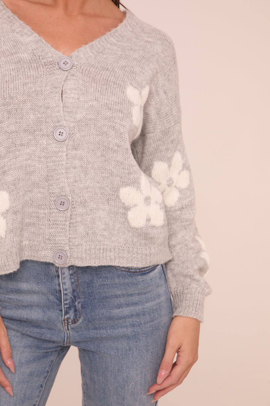 Grey Floral Button Up Front Long Sleeves Cardigan - Poppy