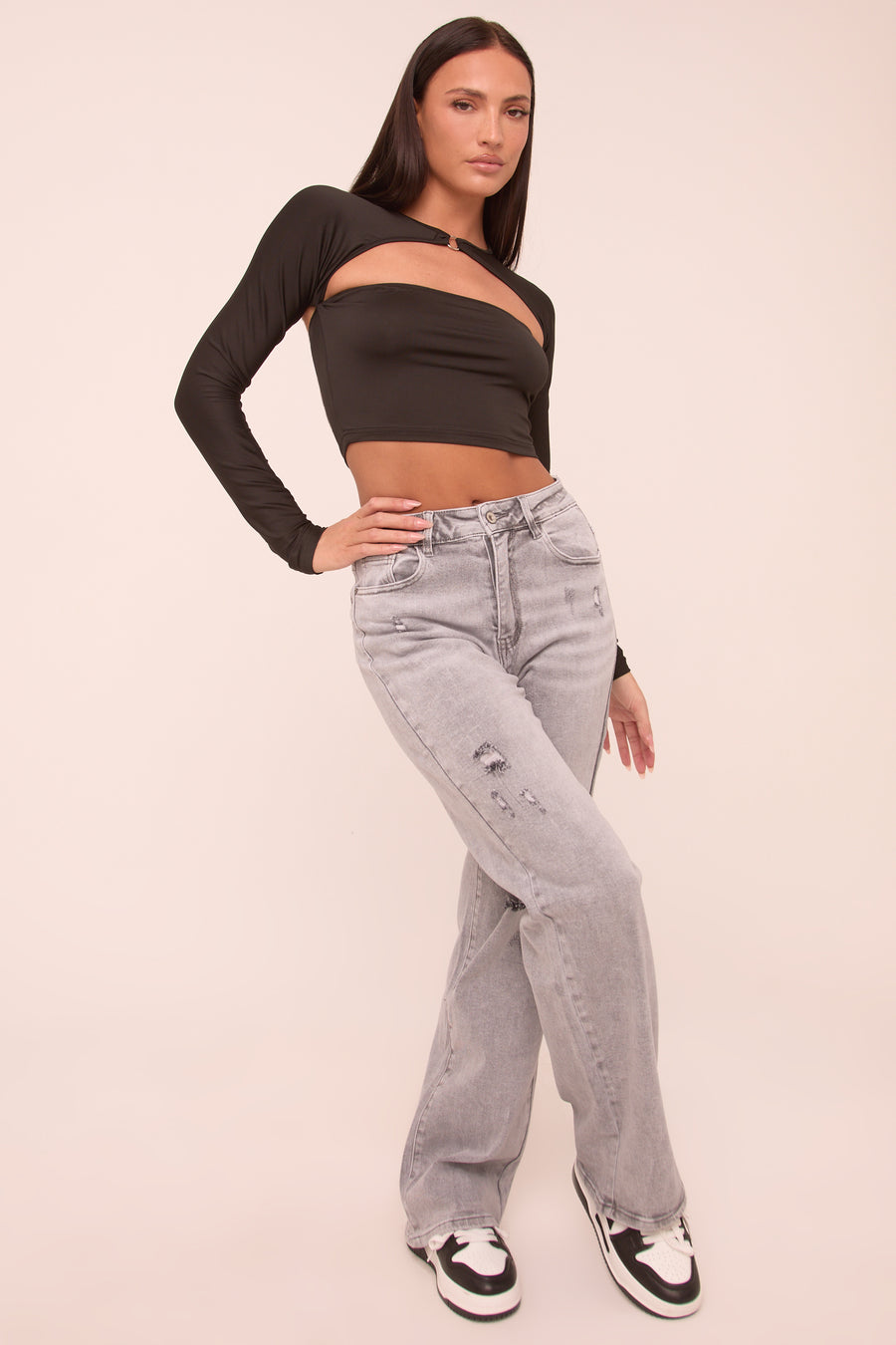 Light Grey Stretch Distressed Mid Waist Straight Leg Jeans - Helena