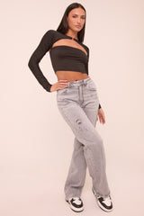 Light Grey Stretch Distressed Mid Waist Straight Leg Jeans - Helena