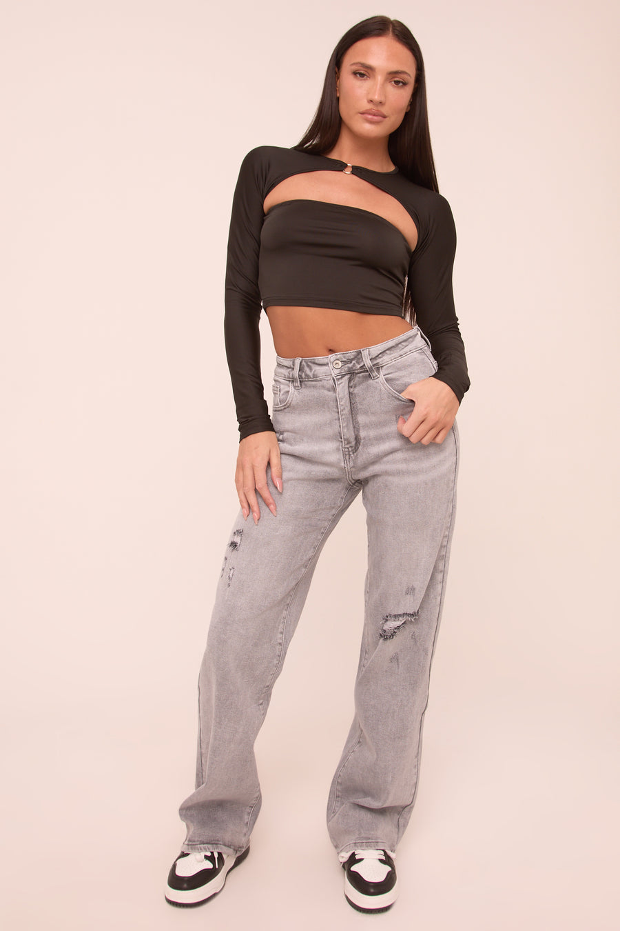 Light Grey Stretch Distressed Mid Waist Straight Leg Jeans - Helena