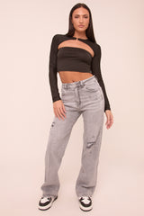 Light Grey Stretch Distressed Mid Waist Straight Leg Jeans - Helena