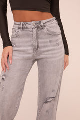 Light Grey Stretch Distressed Mid Waist Straight Leg Jeans - Helena