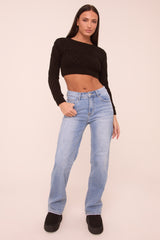 Light Blue Stretch Distressed Mid Waist Straight Leg Jeans -  Annette