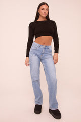 Light Blue Stretch Distressed Mid Waist Straight Leg Jeans -  Annette