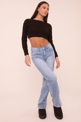 Light Blue Stretch Distressed Mid Waist Straight Leg Jeans -  Annette