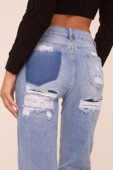 Light Blue Stretch Distressed Mid Waist Straight Leg Jeans -  Annette