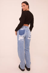 Light Blue Stretch Distressed Mid Waist Straight Leg Jeans -  Annette
