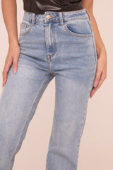 Mid Blue Stretch Mid Waist Straight Leg Denim Jeans - Phoenix