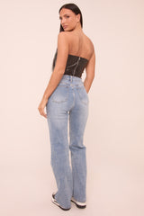 Mid Blue Stretch Mid Waist Straight Leg Denim Jeans - Phoenix