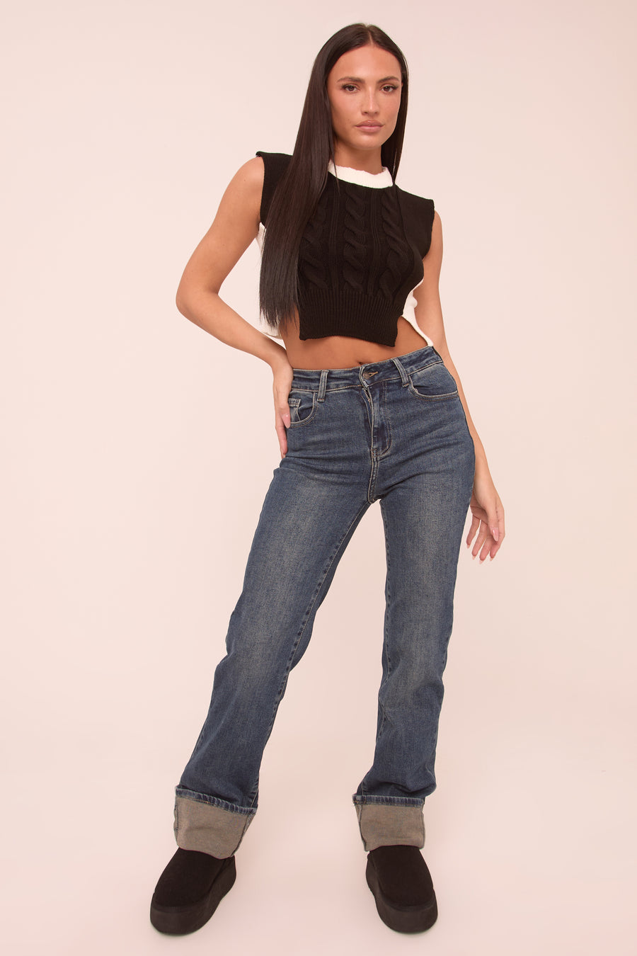 Mid Blue Stretch Turn up Hem Straight Leg Jeans - Moxie