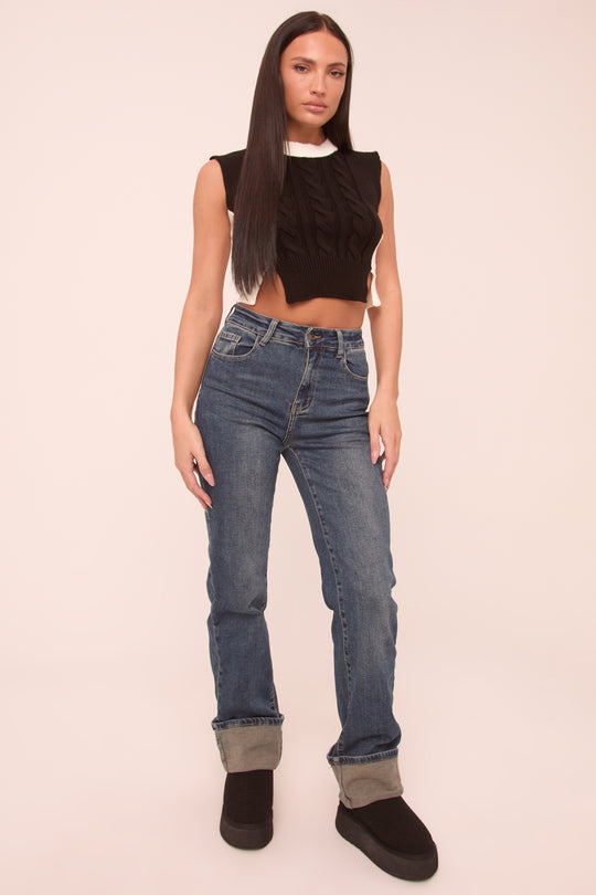 Mid Blue Stretch Turn up Hem Straight Leg Jeans - Moxie