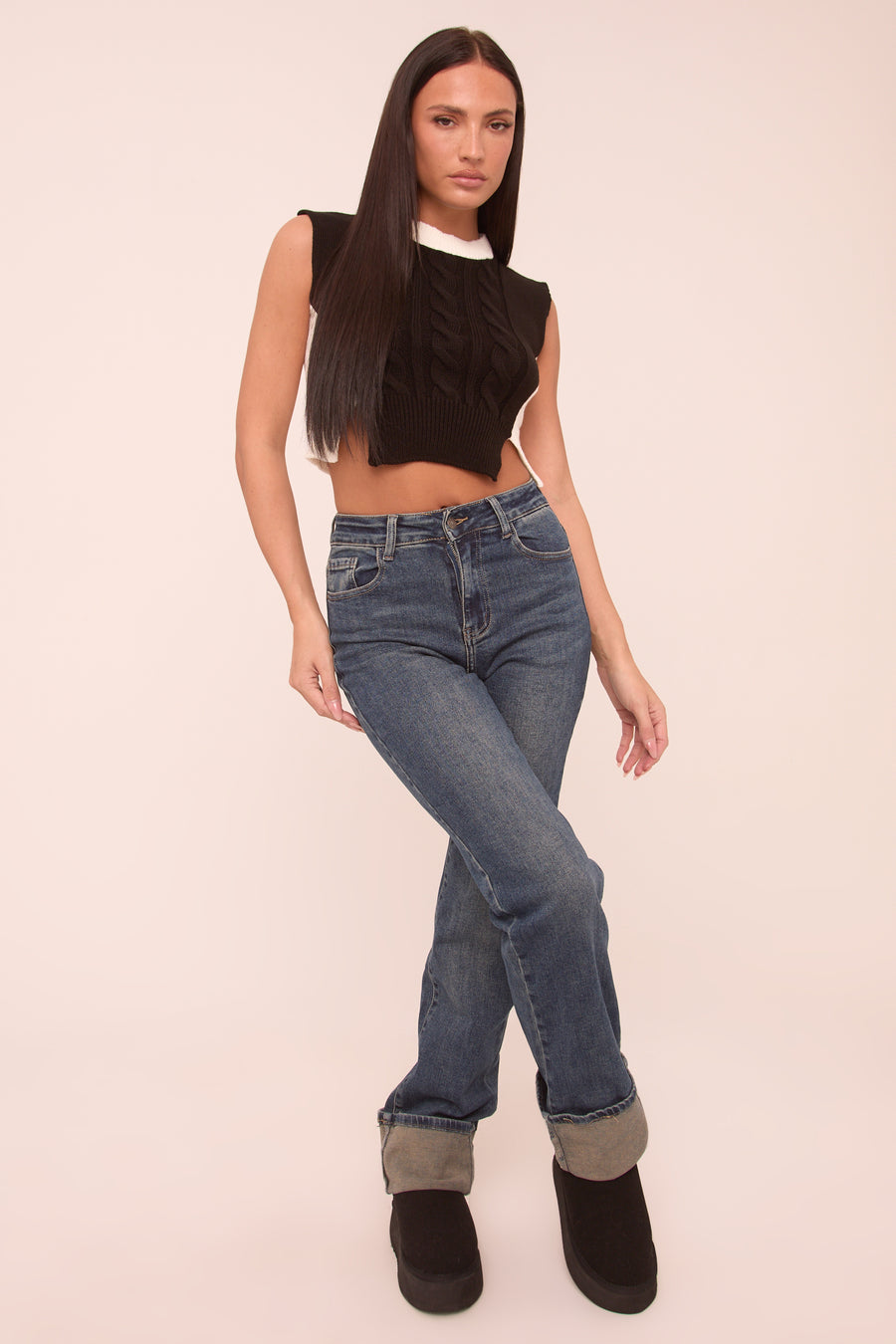Mid Blue Stretch Turn up Hem Straight Leg Jeans - Moxie