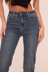 Mid Blue Stretch Turn up Hem Straight Leg Jeans - Moxie