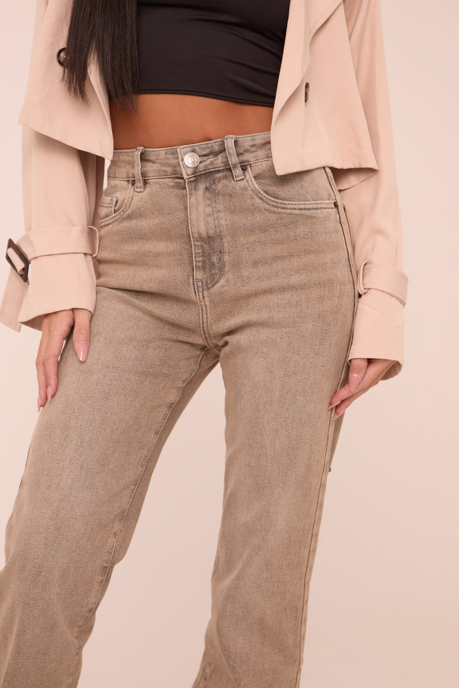Grey Washed Stretch Mid Waist Straight Leg Denim Jeans - Remy