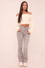 Light Grey High Waist Kick Flare Frayed Hem Denim Jeans - Aspen