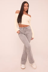 Light Grey High Waist Kick Flare Frayed Hem Denim Jeans - Aspen