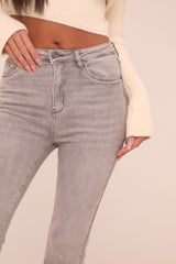 Light Grey High Waist Kick Flare Frayed Hem Denim Jeans - Aspen