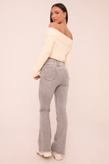 Light Grey High Waist Kick Flare Frayed Hem Denim Jeans - Aspen