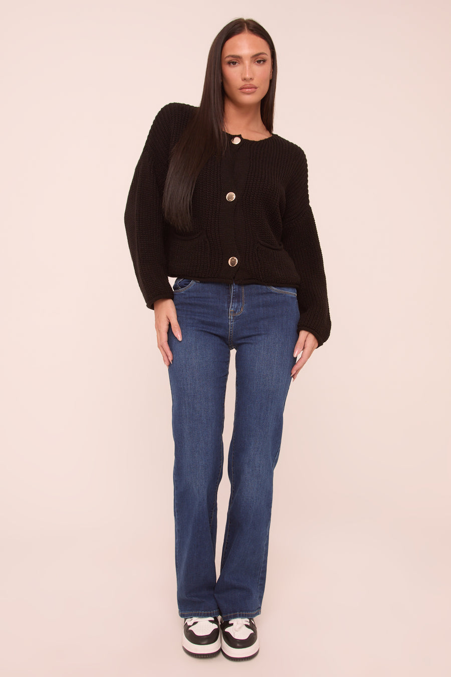 Dark Blue Stretch Mid Waist Straight Leg Denim Jeans - Rey