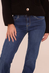 Dark Blue Stretch Mid Waist Straight Leg Denim Jeans - Rey