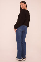 Dark Blue Stretch Mid Waist Straight Leg Denim Jeans - Rey