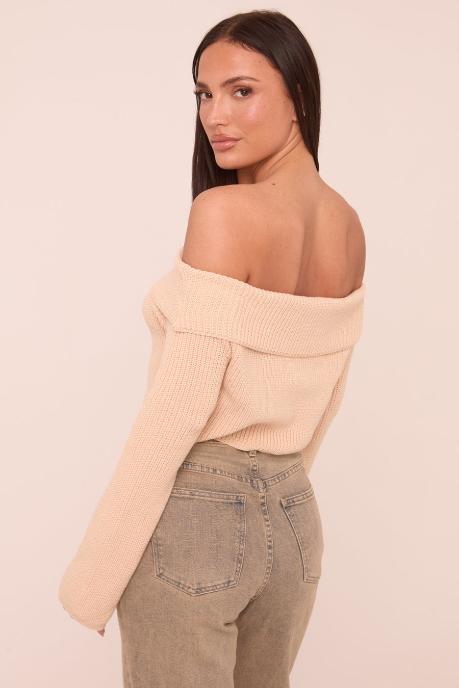 Beige Knit Bardot Long sleeves Cropped Jumper Top - Roberta
