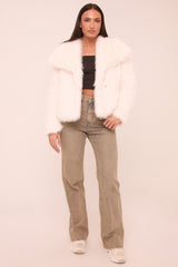 Cream Faux Fur Waterfall Long Sleeves Cropped Jacket - Avery