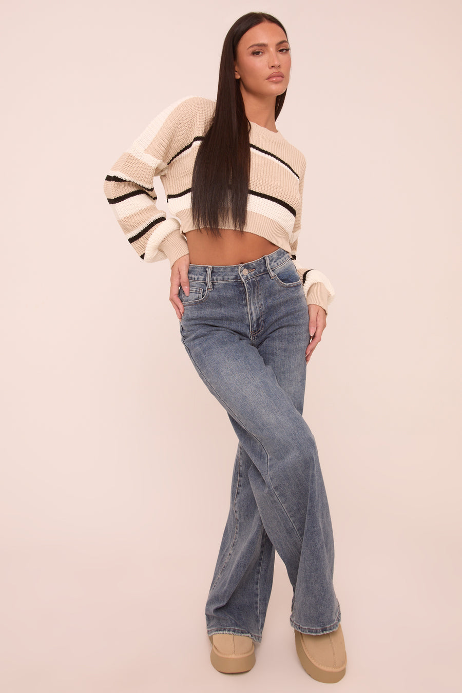 Mid Blue Stretch Mid Waist Wide Leg Denim Jeans - Noah