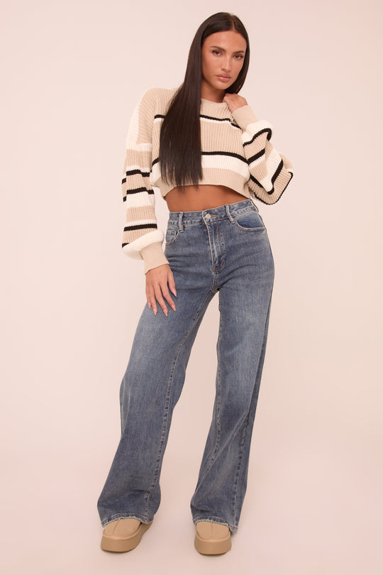 Mid Blue Stretch Mid Waist Wide Leg Denim Jeans - Noah