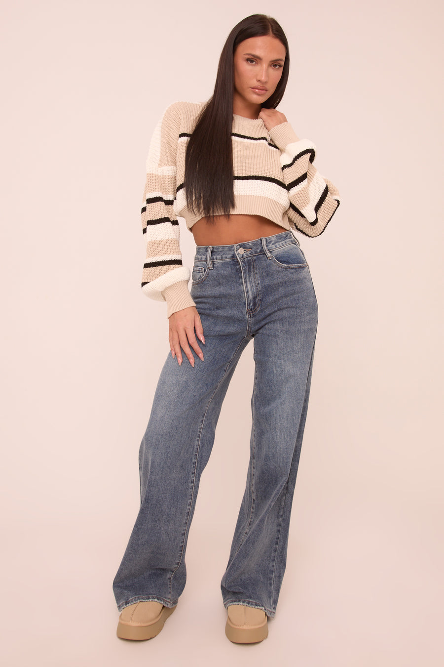 Mid Blue Stretch Mid Waist Wide Leg Denim Jeans - Noah