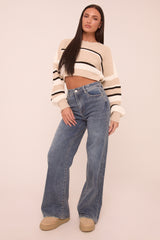 Mid Blue Stretch Mid Waist Wide Leg Denim Jeans - Noah