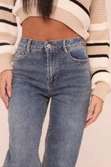 Mid Blue Stretch Mid Waist Wide Leg Denim Jeans - Noah