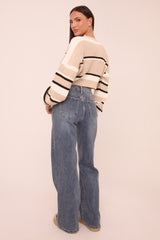 Mid Blue Stretch Mid Waist Wide Leg Denim Jeans - Noah