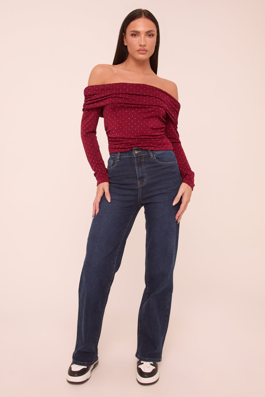 Burgundy Bardot Long Sleeves Cropped Top - Natalia