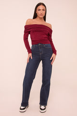 Burgundy Bardot Long Sleeves Cropped Top - Natalia