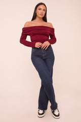 Burgundy Bardot Long Sleeves Cropped Top - Natalia