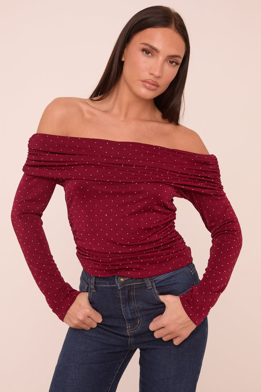 Burgundy Bardot Long Sleeves Cropped Top - Natalia