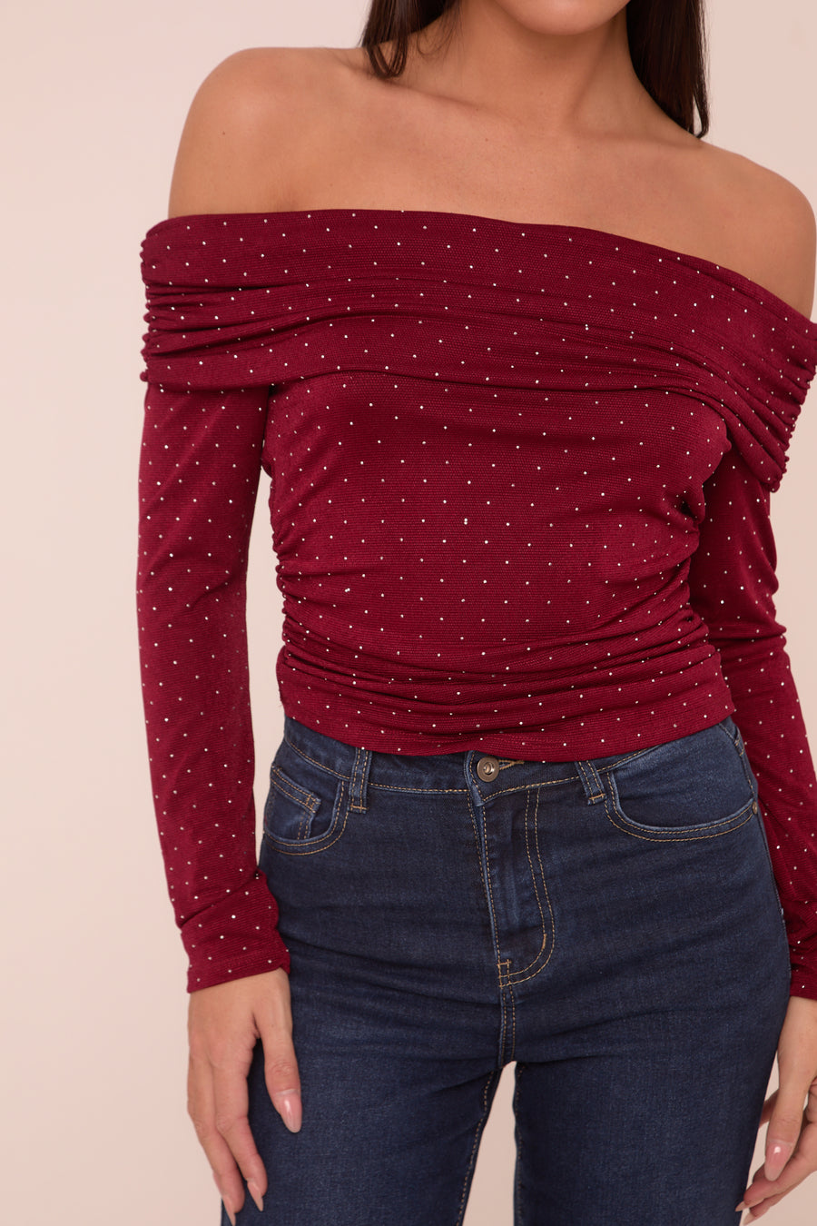 Burgundy Bardot Long Sleeves Cropped Top - Natalia