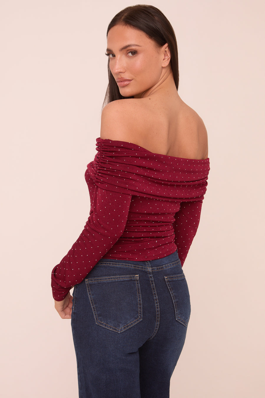 Burgundy Bardot Long Sleeves Cropped Top - Natalia