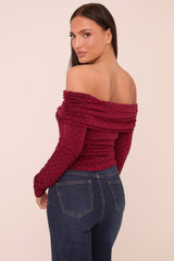 Burgundy Bardot Long Sleeves Cropped Top - Natalia