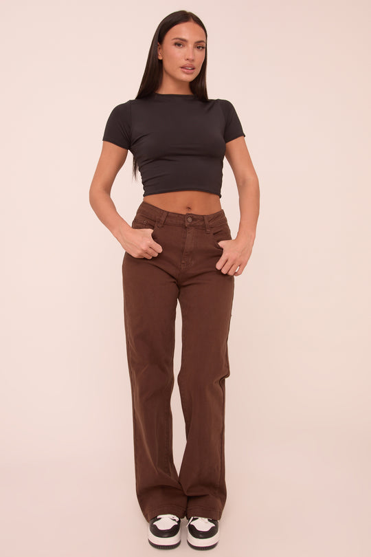 Brown Stretch Mid Waist Straight Leg Denim Jeans - Misha
