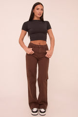 Brown Stretch Mid Waist Straight Leg Denim Jeans - Misha