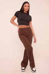 Brown Stretch Mid Waist Straight Leg Denim Jeans - Misha