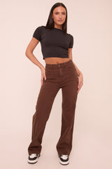 Brown Stretch Mid Waist Straight Leg Denim Jeans - Misha