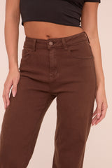 Brown Stretch Mid Waist Straight Leg Denim Jeans - Misha