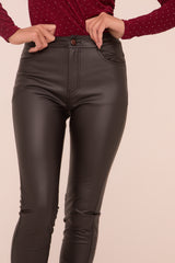 Black Faux Leather High Waist Slim Leg Trousers - Peehu