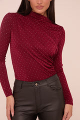 Burgundy Ruching Detail Long Sleeves Bodysuit - Quinn
