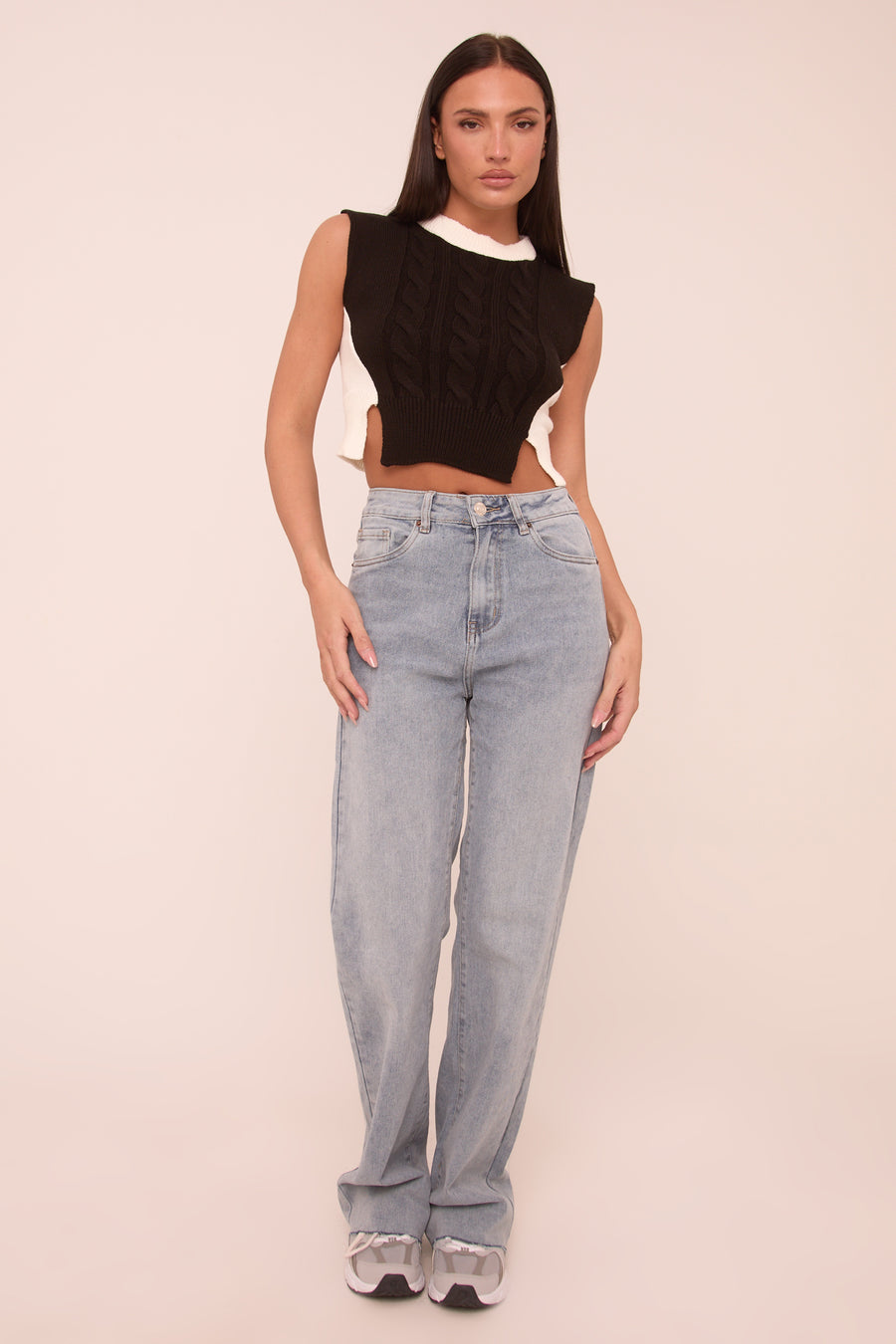 Black Cable Knit Sleeveless Cropped Jumper - Cleo