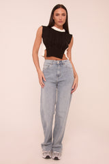 Black Cable Knit Sleeveless Cropped Jumper - Cleo