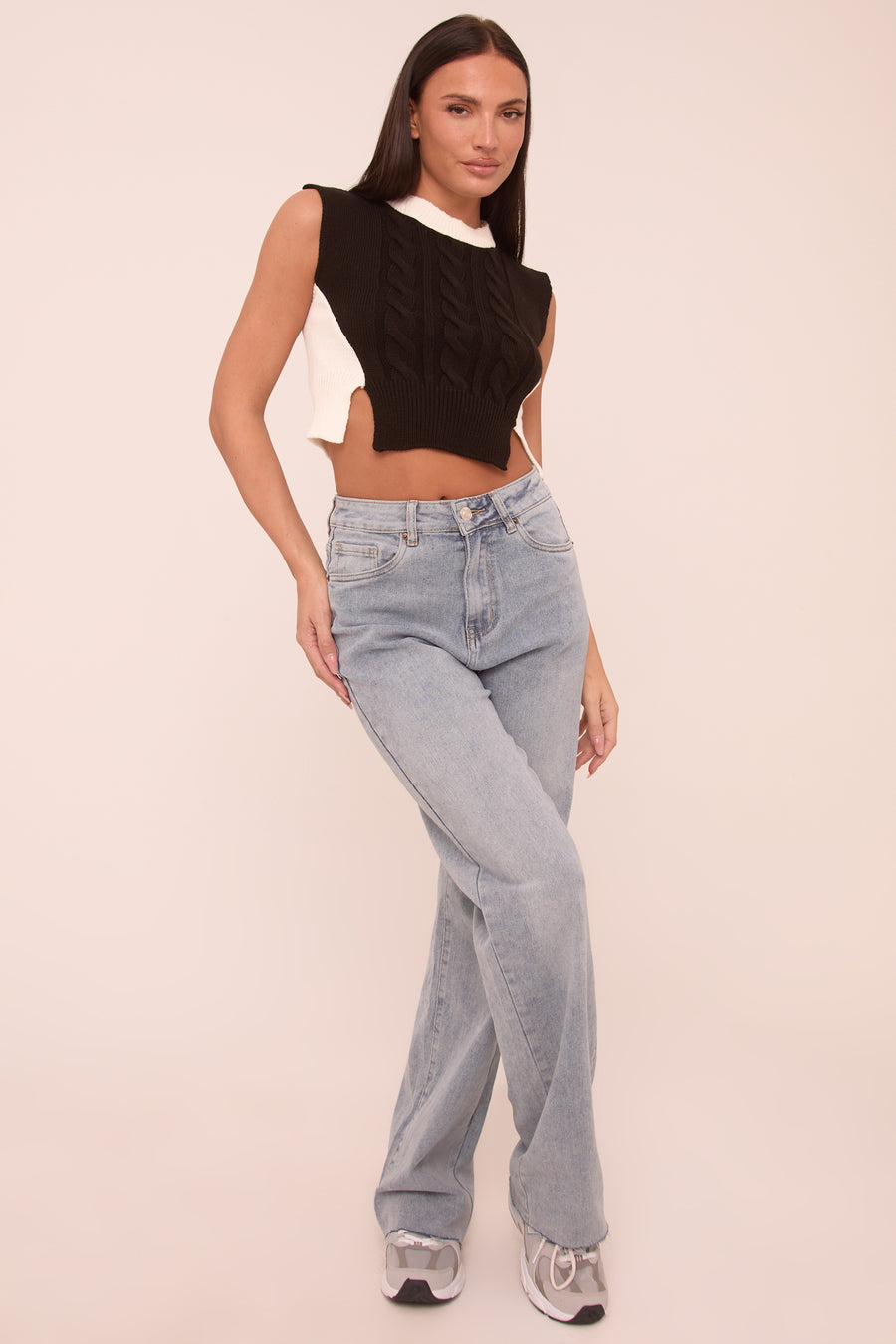 Black Cable Knit Sleeveless Cropped Jumper - Cleo